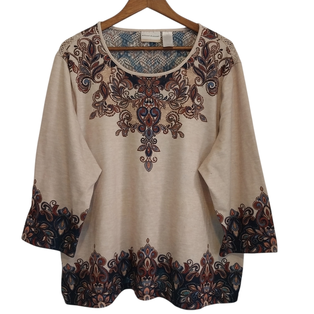 Alfred Dunner Top Women's 3X Beige Knit Paisley Boho 3/4 Sleeve Embellished